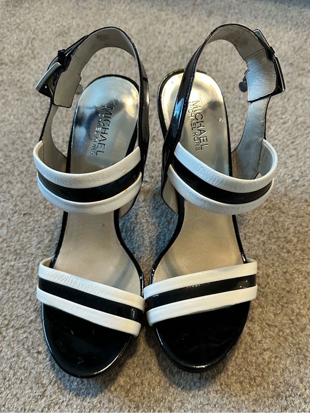 Michael Kors Black & White Patent Leather Strappy Heels Size 10